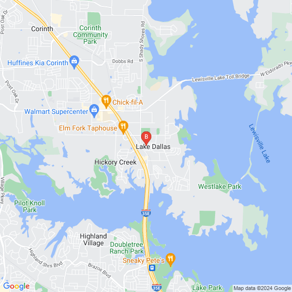 Lewisville Towing location map: 203 Main St, Lake Dallas, TX